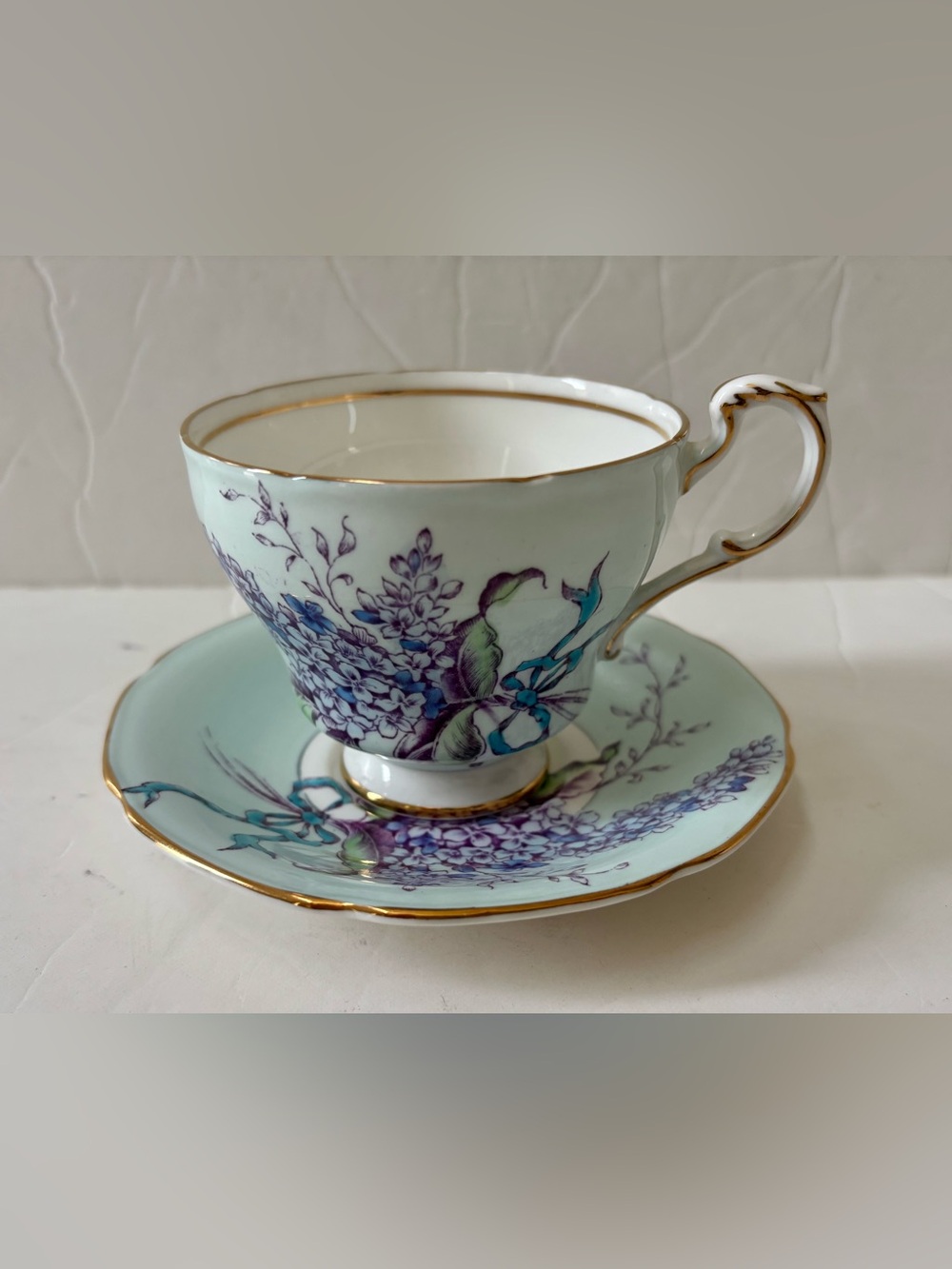 PARAGON Aqua Teacup and Saucer with Purple Floral Design and Gold Trim